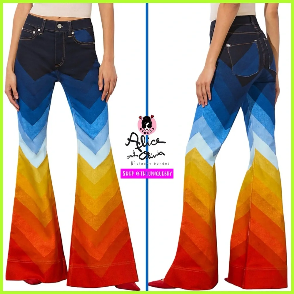 Alice + Olivia x Bronco Multicolored SB Wide Leg Bell Jeans - Picture 15 of 16